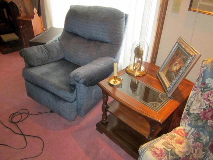 Recliner and end table.