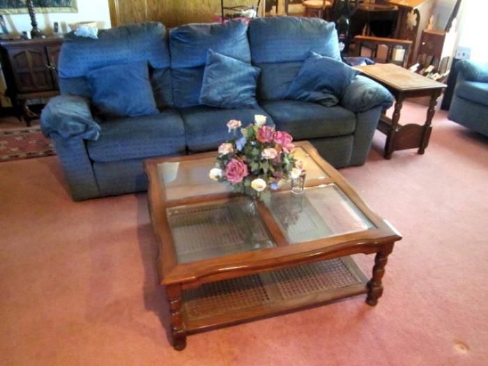 Recliner sofa, coffee and end table.