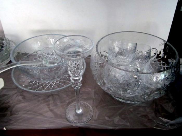 Signed heavy cut glass crystal punch set, candle stick bowl & underplate. More cut glass not shown.
