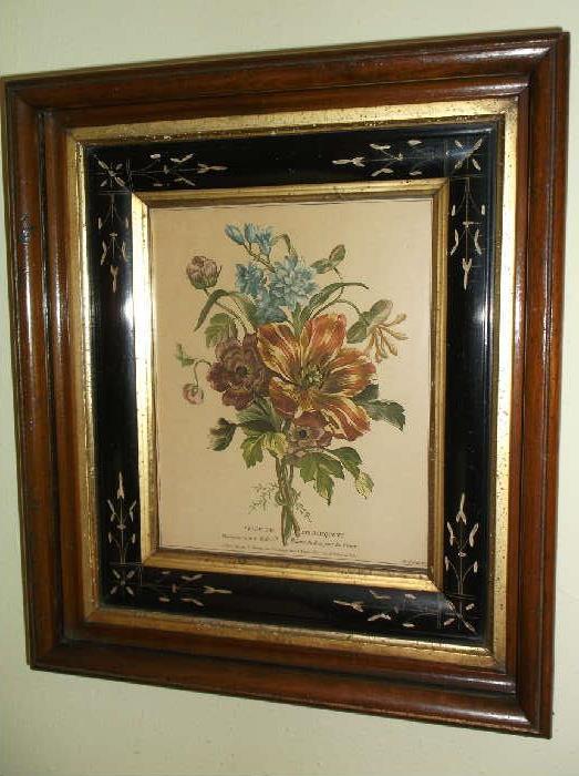 Walnut shadow box framed floral with etched liner
