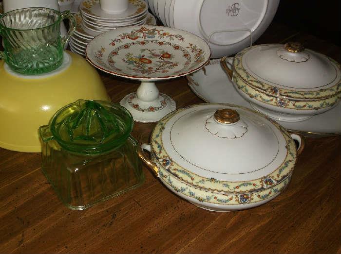 Wedgewood compote, green depression glass, yellow Pyrex bowl, and two covered vegetable bowls