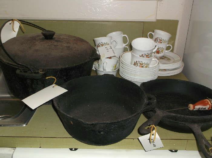Cast iron skillets and dutch oven
