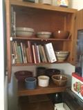 crock bowls, cook books, microwave cart