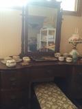 antique dresser with mirror & bench, glass dresser sets