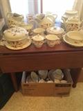 Jewel Tea dishes, drop-leaf walnut table