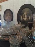 old pictures, gold-trimmed clear glassware