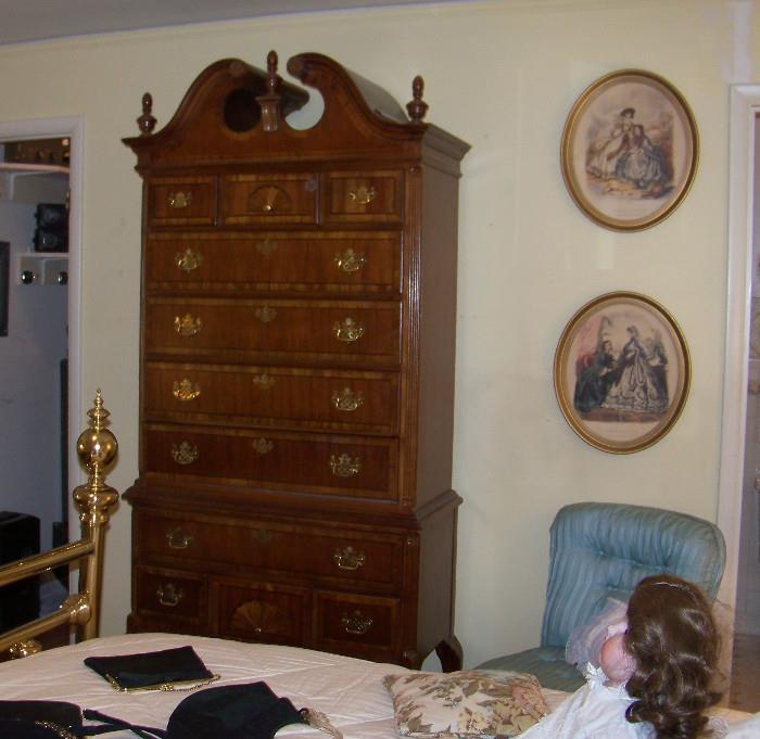 Mahogany highboy in the master bedroom.  Also shown are a pair of antique prints - 