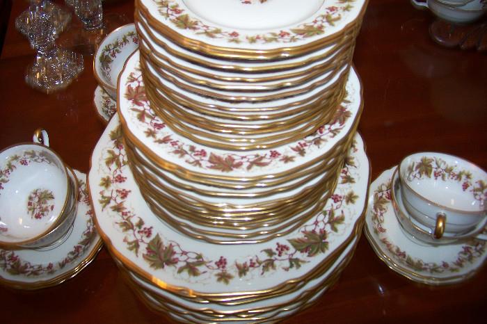 Beautiful set of china by York - pattern is "Falstaff" - set includes 9 dinner plates, 11 salad plates, 12 bread and butter plates, 8 cups and 10 saucers, 5 cream soups