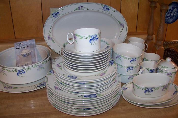 Large set of Villery and Boch china - "Verona" is the pattern.  This is a service for 8 including dinner plates, salad plates, salad bowls, cups and saucers, gravy boat, cream and sugar, platters, 2 serving bowls