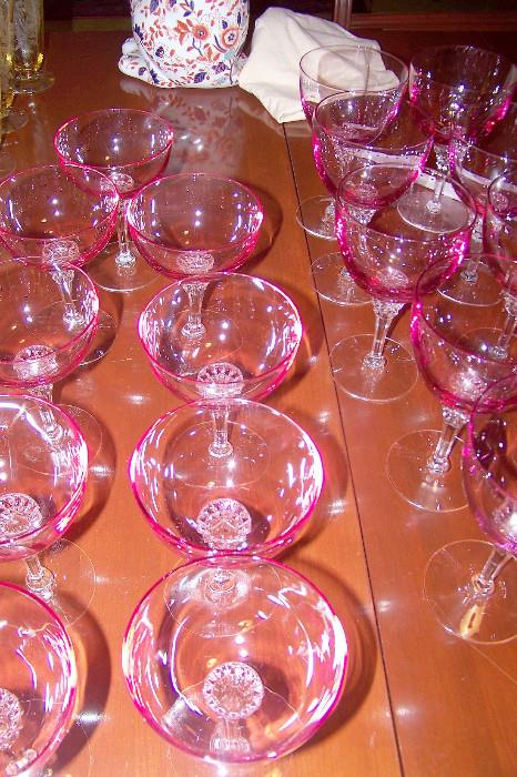 Another set of crystal- cranberry bowls in clear stems