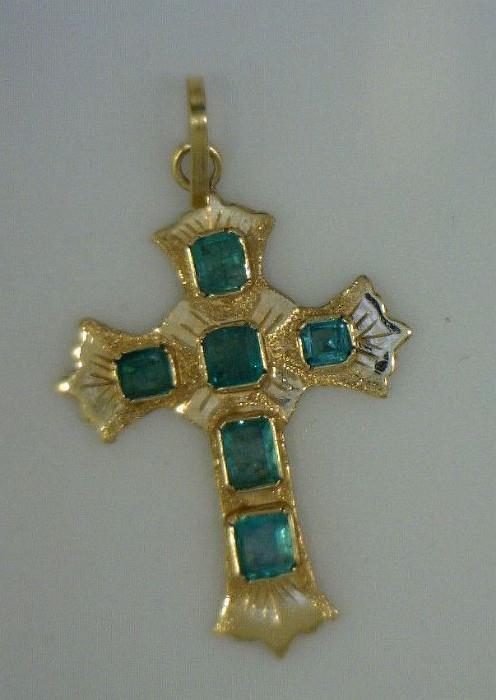 14K yellow gold cross with emeralds