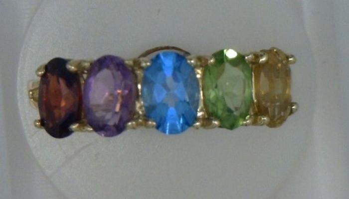 14K yellow gold ring with citrine, peridot, blue topaz, amethyst and garnet stones