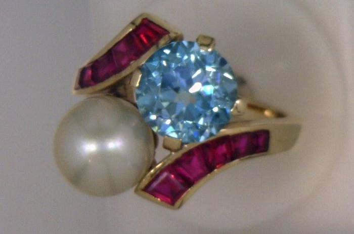 14K Deco natural blue zircon, pearl and ruby ring