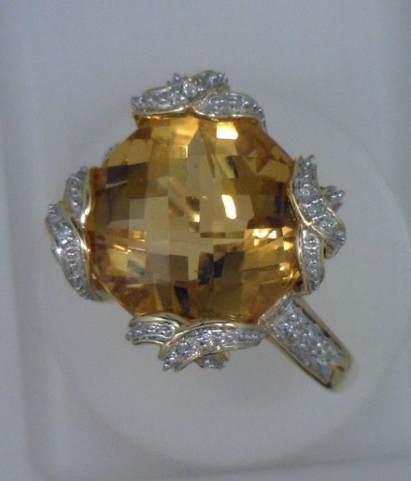 14K yellow and white gold diamond and citrine ring