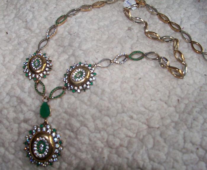 Sterling necklace with colored stones- alternating gold toned and sterling links -some links encrusted with stones