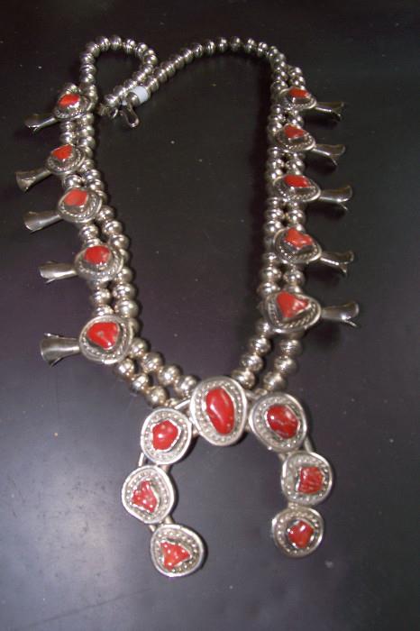 Beautiful squash blossom necklace - coral stones - this necklace has been tested and is silver