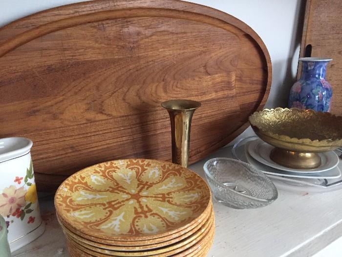 assorted plates, Dansk cutting board, vase, bowl