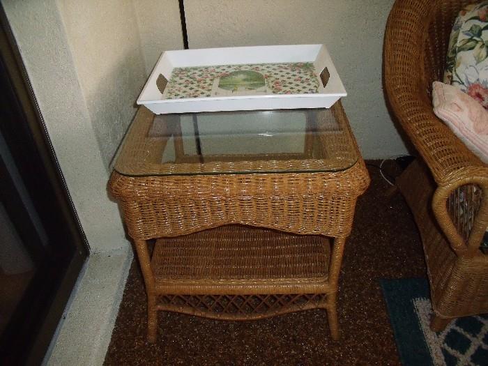 natural wicker side table with glass top