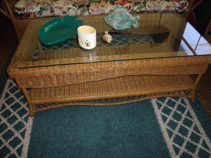 natural wicker coffee table with glass top