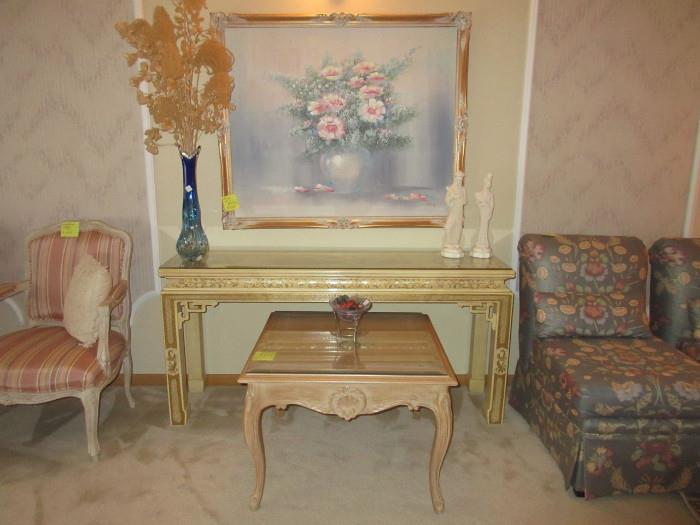 Beautiful Chinese styled long table and large floral oil painting.
