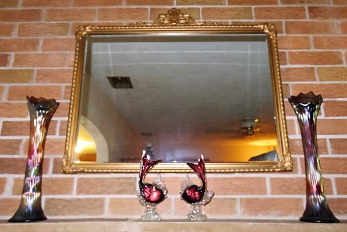 Antique Gilt Wall Mirror, Pair Murano Glass Fish, Pair Carnival Glass Vases