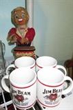 Jim Beam Coffee Mug Set, Vintage 1960s Rosco Tin Metal Battery Operated Bartender Toy
