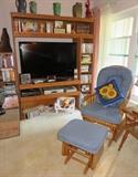 Hand Made Wood Entertainment Center, Glider Rocker with Ottoman, DVD's, VHS Tapes, CD's 