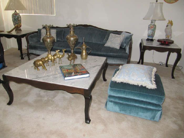 Custom marble tables and vintage early 1980s Ethan Allen sofa and ottoman.  