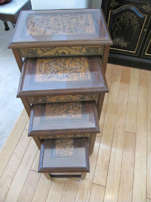 Teak Carved Nesting Tables