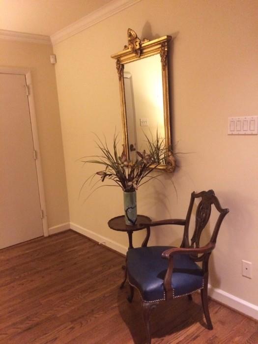fabulons antique mirror, petite pie crust table and antique arm chair with blue pleather seat, also a great antique asian cylinder vase