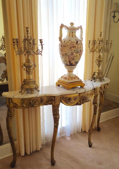 Large Capodimonte urn, pair of candlabras, marble top console table