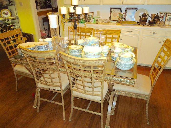 Glass top metal dining table and chairs, Noritake china