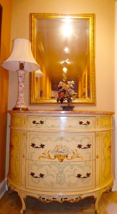 Marble top painted demilune hand painted chest, jade tree, porcelain lamp