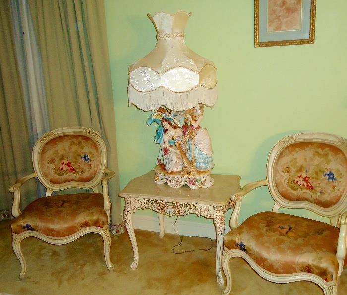 Italian chairs and table and large Capodimonte lamp