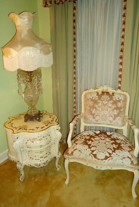 Italian chair and two drawer hand painted chest, large Crystal lamp with huge prisms