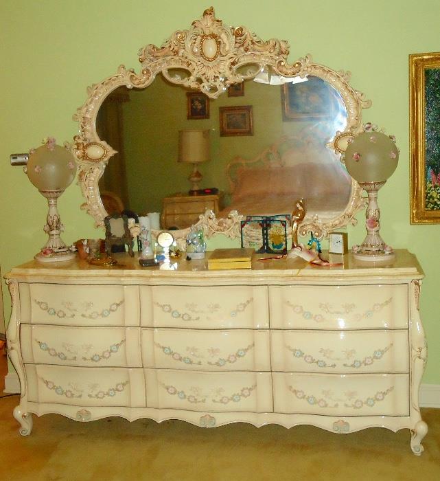 Ornate Italian dresser with mirror, pair