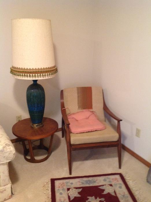 Mid century side chair and table with one of many great lamps