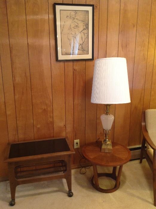 mid century Lane round table and neat lamp and side table on casters