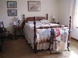 E. A. Clore acorn turned bed, quilt, crocheted bedspread and fine linens