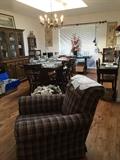 Hutch, overstuffed chair, dinning table, china, crystal
