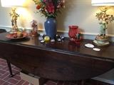 Antique English drop leaf table, matching lamps