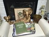 Large ram figurines, brass planters, Rotunda 1950 yearbooks, settee 