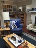 Blue chair, Mission side table and coffee table, books, blue and white, lamp, decorative pillows, art and decoratives