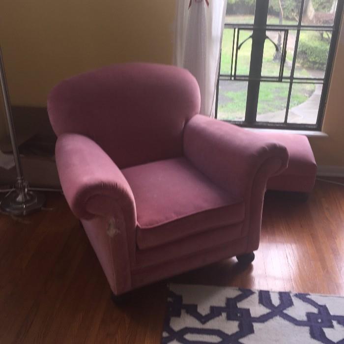 Upholstered chair with ottoman.  Minor cat scratches on arm (visible in photo)