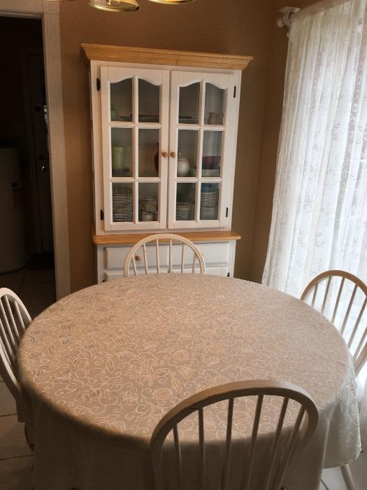White and natural wood table, 4 chairs and China hutch. 