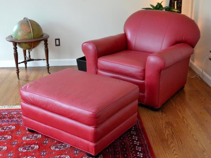 Red leather chair and ottoman