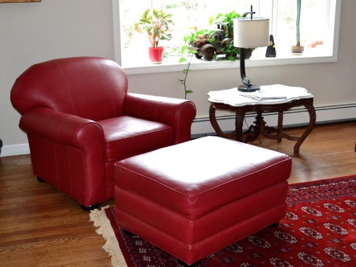 Second red leather chair and ottoman