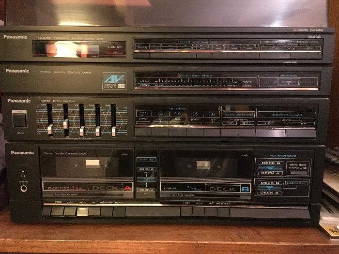 Vintage Panasonic Stereo System includes the Quartz Synthesizer Am/Fm Stereo , Infared Remote Control Center,  Stereo Control Amplifier,  Dual Cassette Tape Deck with Speakers