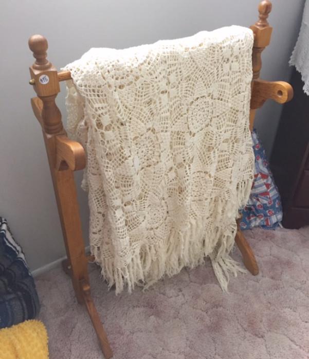 Vintage Quilt Rack, Hand crocheted Ivory Bedspread