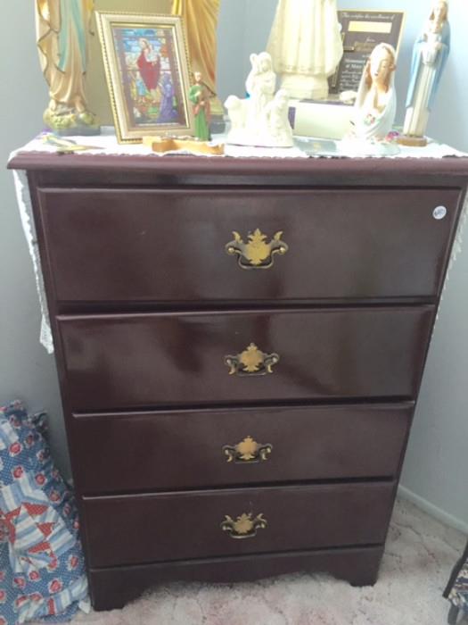 Vintage Catholic Religious Statues & Art , Cherry Finish Small Chest of Drawers, Circa 1960's.